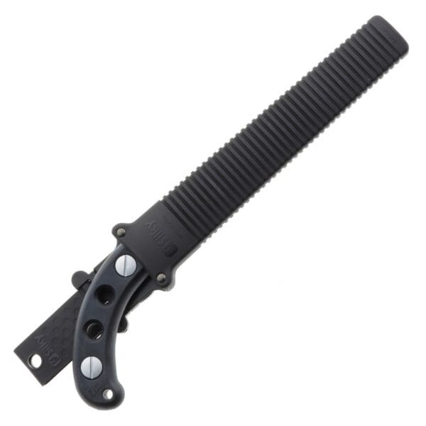 Black folding saw with a textured handle.