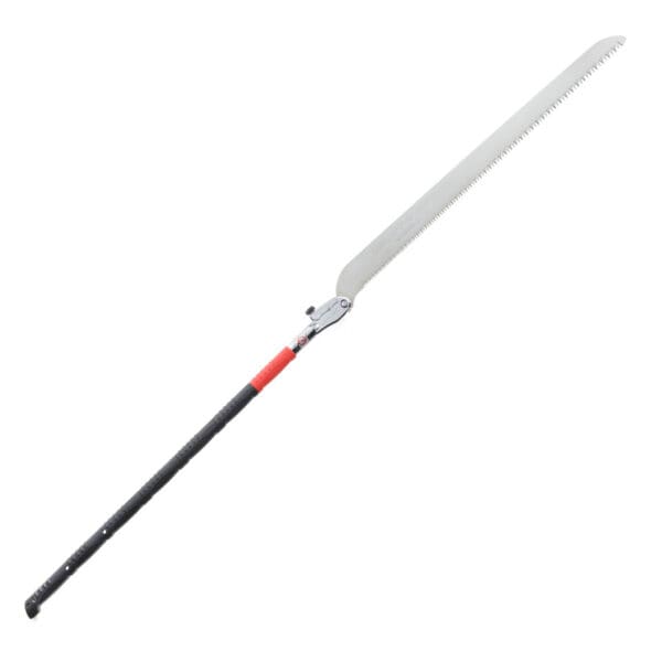 Telescoping pruning saw with red handle.