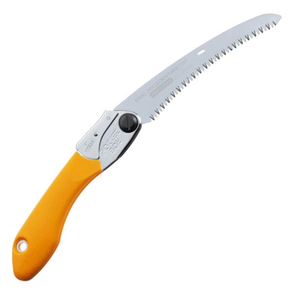 Yellow handled folding saw with teeth.