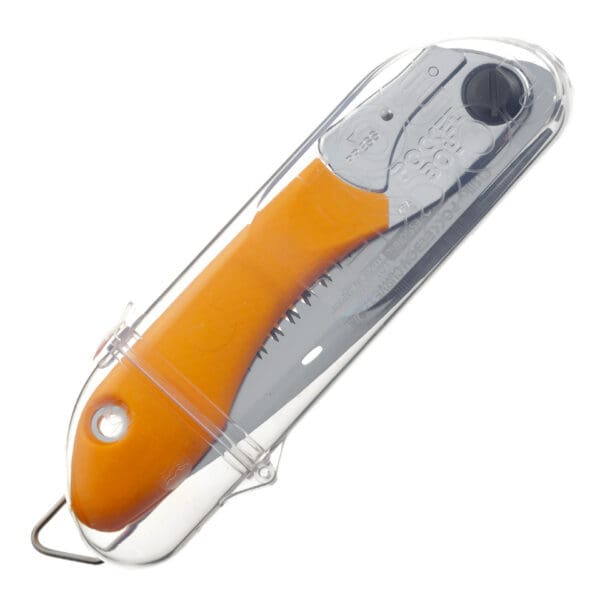 Orange folding saw with sheath.