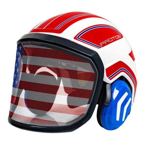 American flag helmet with ear protection.