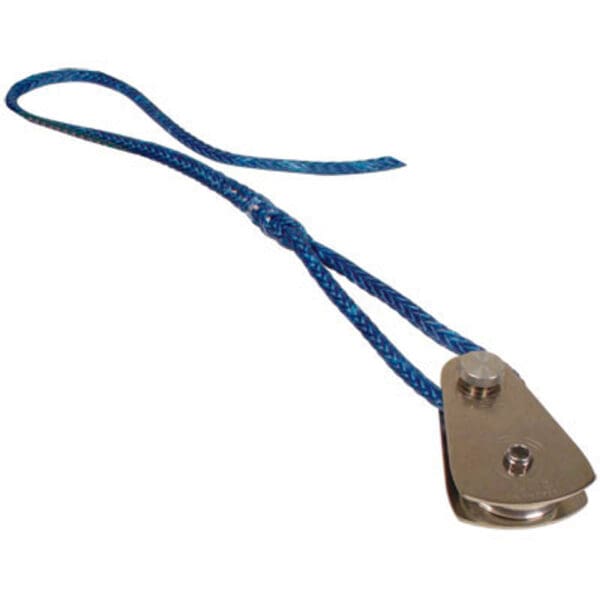 Blue rope pulley with metal hardware.