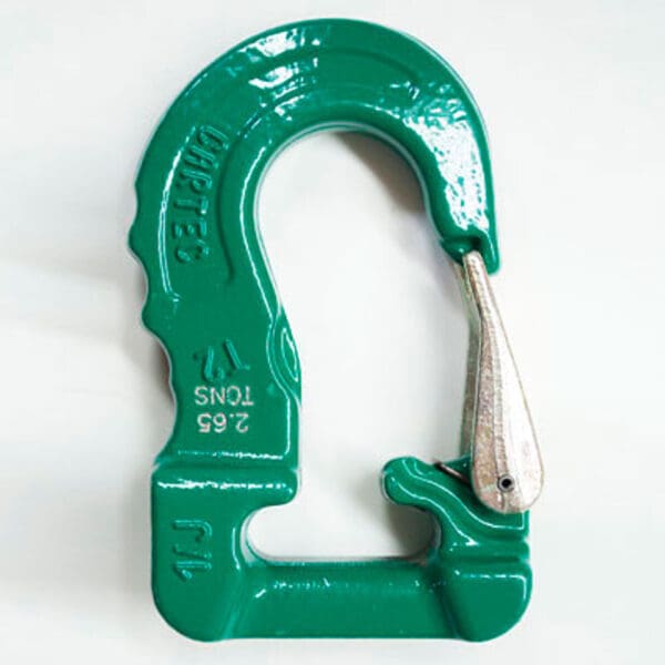 Green lifting hook with safety latch.