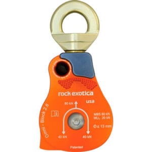 Orange rock climbing pulley with gold ring.