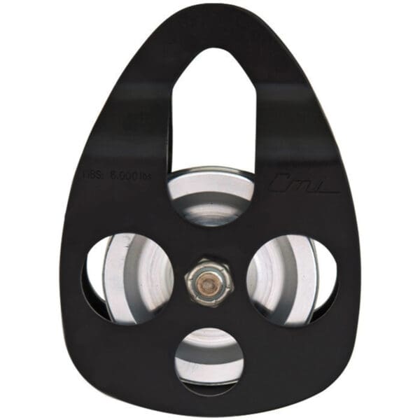 Black single pulley with a metal wheel.