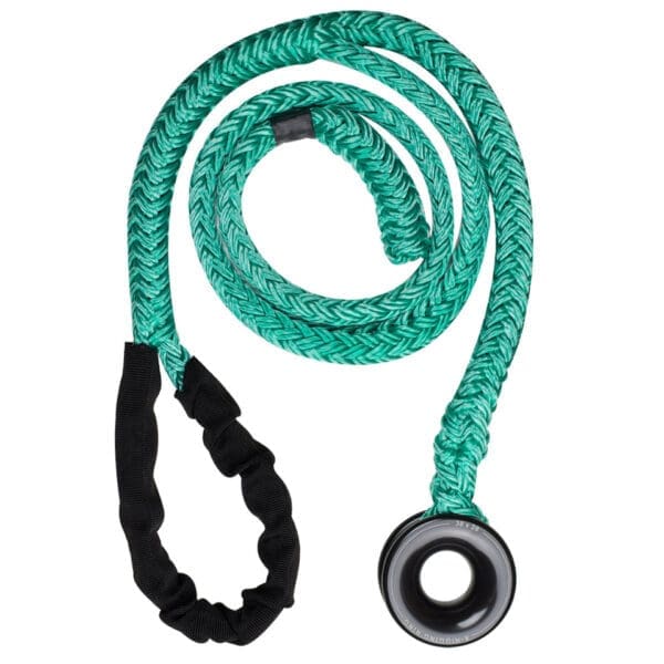 Green synthetic rope with a black ring.