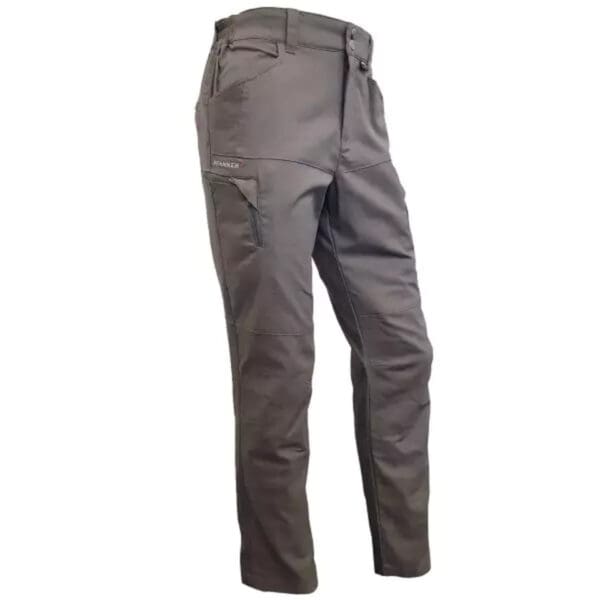 Gray cargo pants with a zippered pocket.