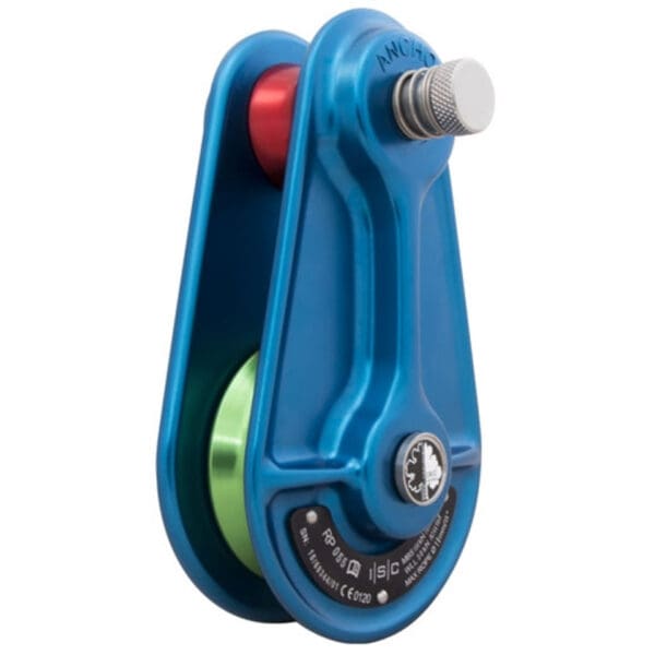 Blue aluminum climbing pulley with green wheel.