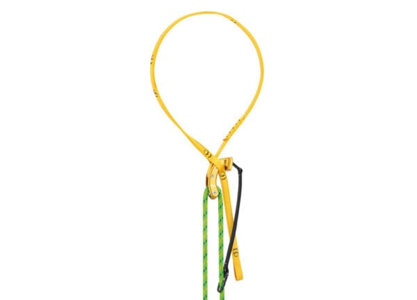 Yellow climbing rope with a knot.