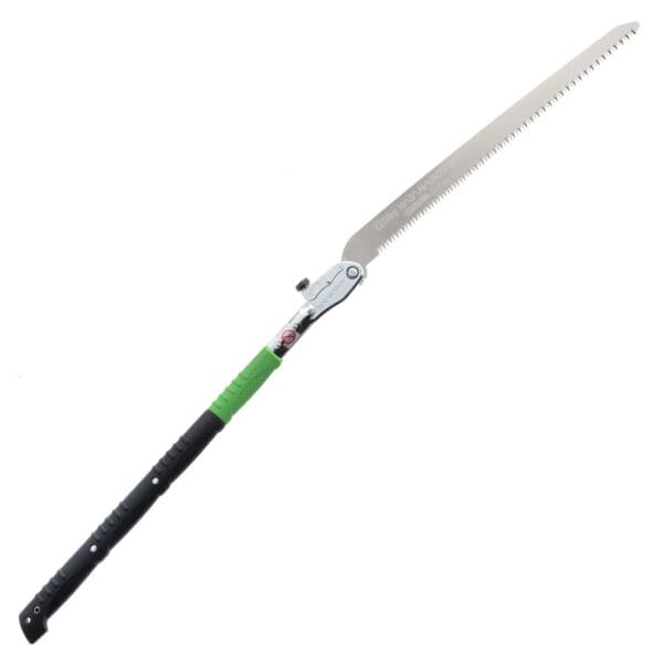 Green-handled telescopic pruning saw.