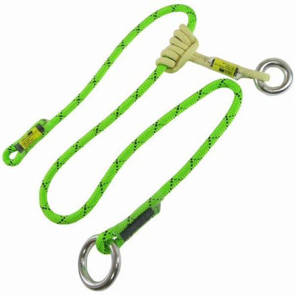 Green rope with metal rings and knot.