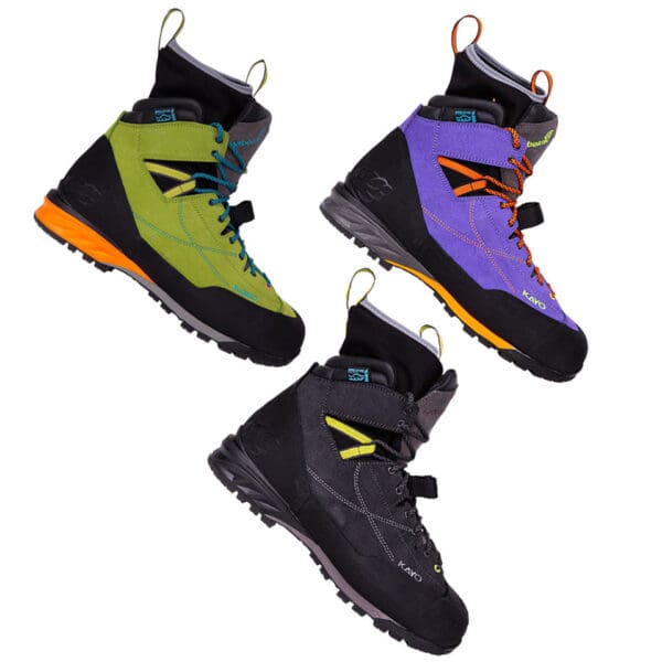 Three pairs of Kayo climbing boots.