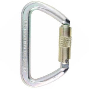 Silver D-shaped locking carabiner.