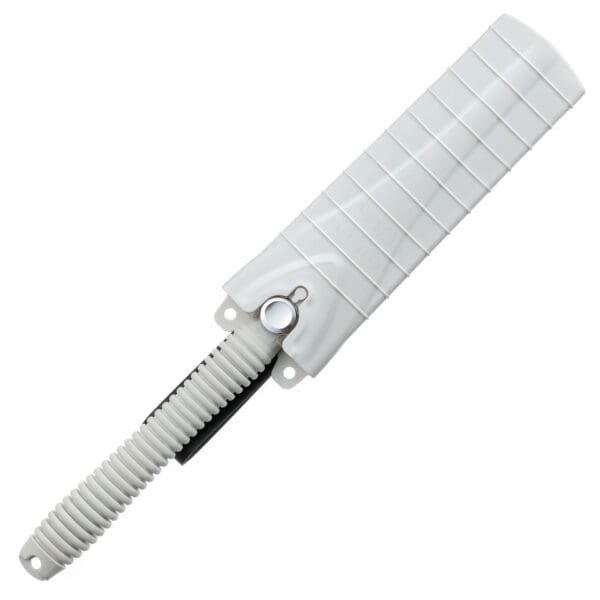 White folding saw with a silver handle.