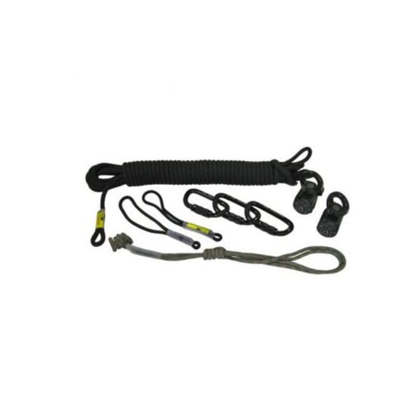 Black rope and climbing equipment set.