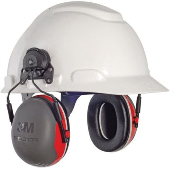 Hard hat with attached earmuffs.