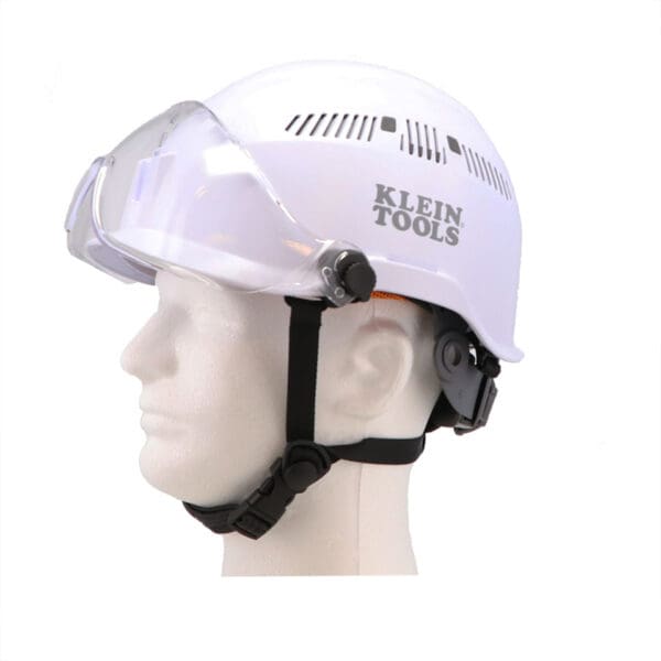 White hard hat with clear visor.