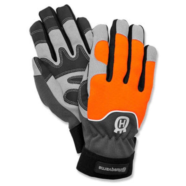 Orange and gray work gloves with logo.