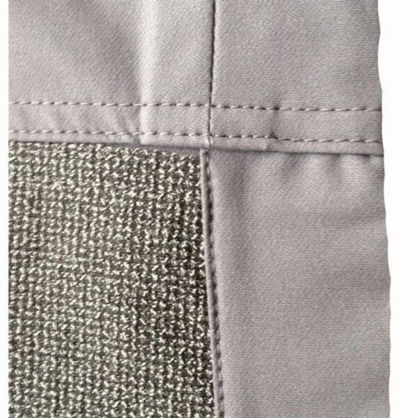 Closeup of gray fabric with stitching.