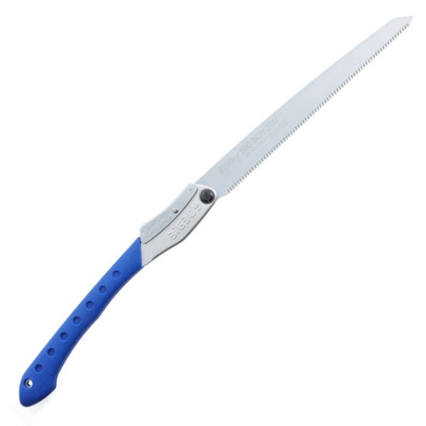 Blue-handled folding saw with teeth.