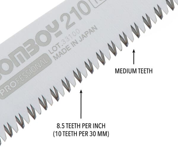 Close-up of saw blade with medium teeth.