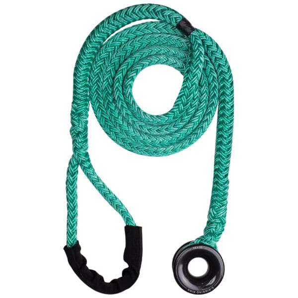 Coiled teal synthetic rope with ring.