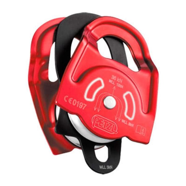 Red Petzl climbing pulley with black wheel.