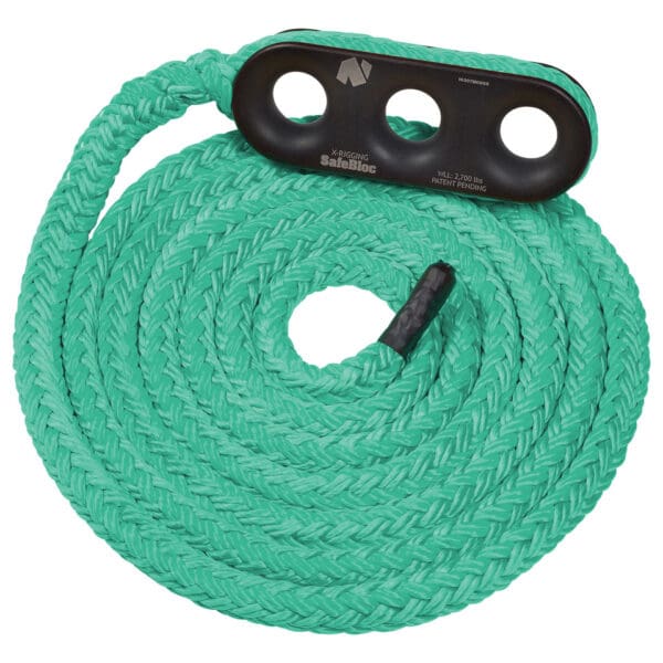 Green synthetic rope with black handle.