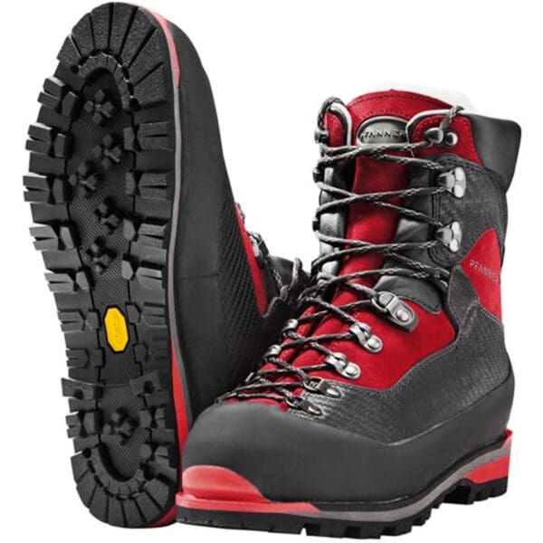 Red and black hiking boots with laces.