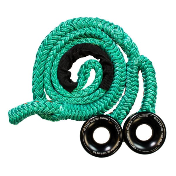 Green synthetic rope with rigging thimbles.