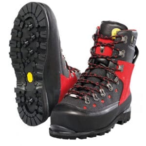 Black and red hiking boots with laces.