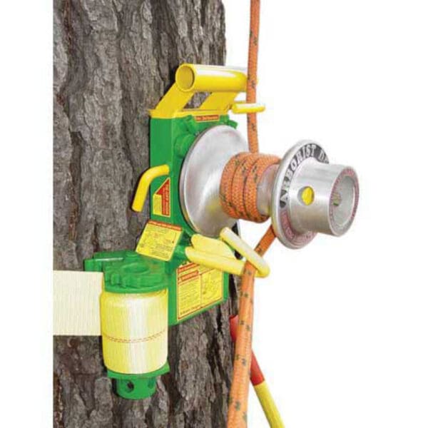 Tree climbing rope winch attached to tree.