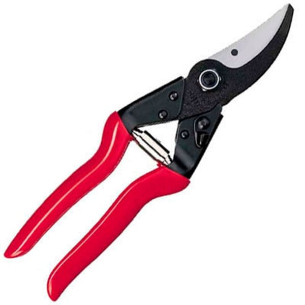 Red handled pruning shears with black blades.