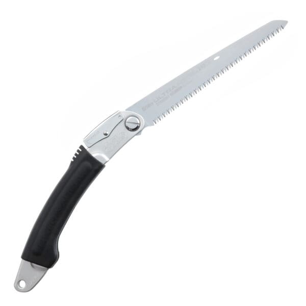 Black-handled folding saw with teeth.