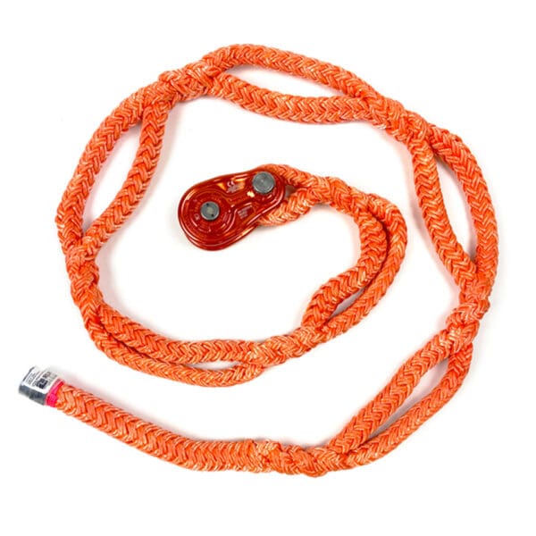 Orange rope with a pulley attached.