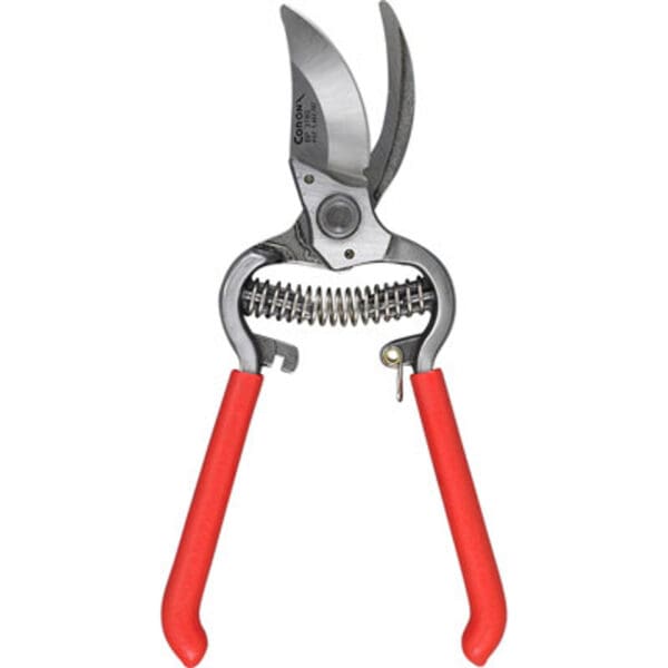 Red-handled pruning shears with spring.