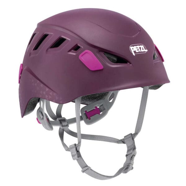 Purple Petzl climbing helmet with straps.