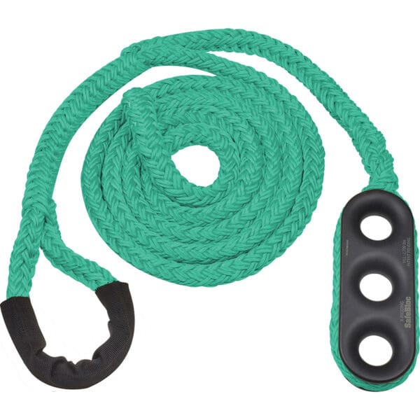 Green synthetic rope with black handle.