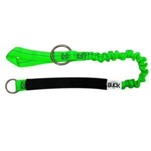 Bright green bungee safety tether with rings.