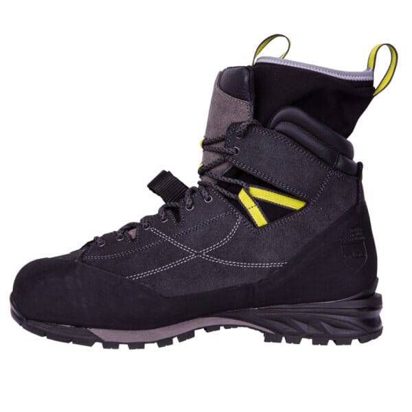 Black and grey hiking boot with yellow accents.