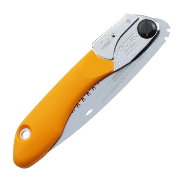 Orange-handled folding pocket saw.