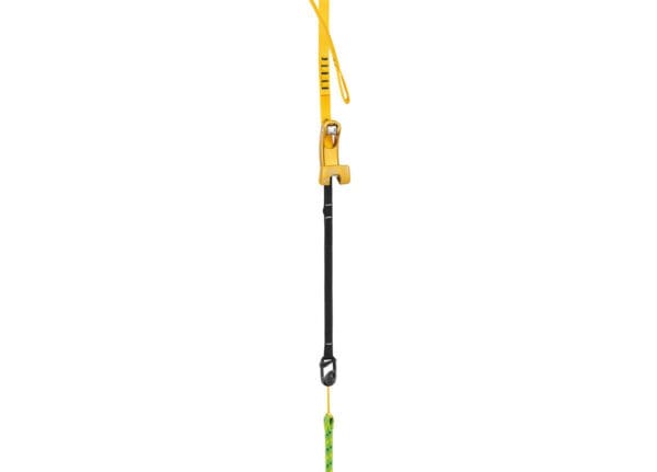 Yellow climbing rope with a pulley.