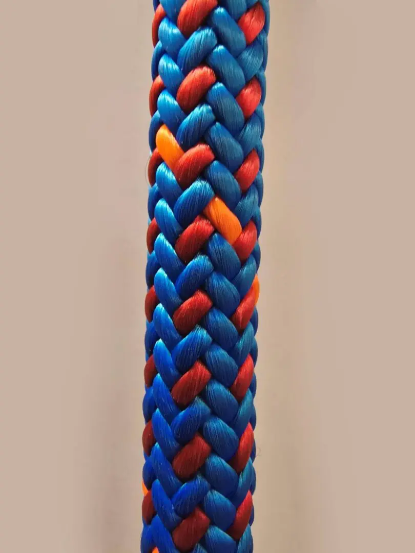 Braided rope in blue, red, and orange.